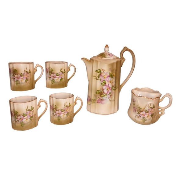 VTG NIPPON Hand Painted Wild Rose 7 Piece COMPLETE Floral Tea Set Chocolate Pot
